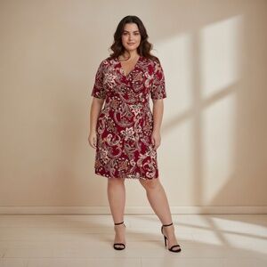 New Connected Apparel Dress Faux Wrap Dress in Deep Red Floral Size 24W